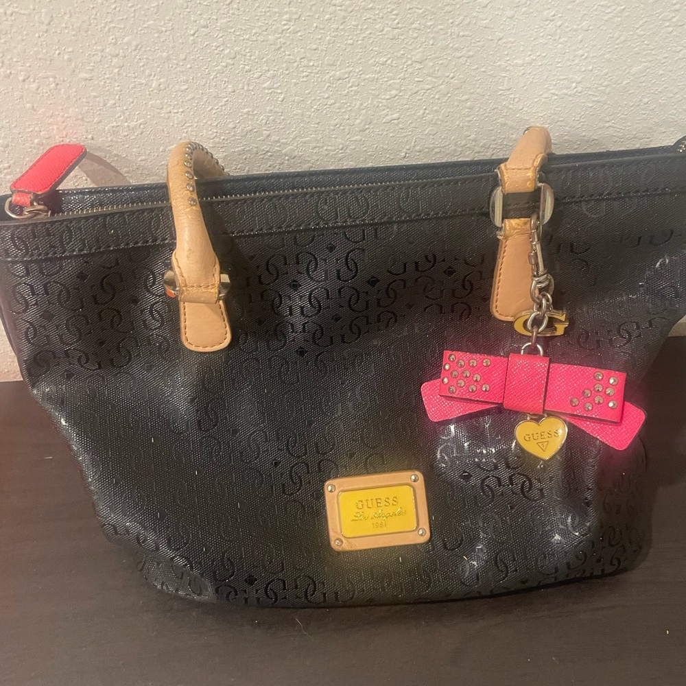 Guess Black and Pink Tote with Bow Accent